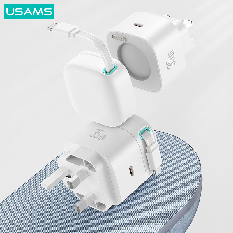 USAMS US-CC204 XMF Series PD 35W Dual Output GaN Fast Charger with Type-C Magnetic Retractable Cable Module, UK Plug USAMS US-CC204 XMF Series PD 35W Dual Output GaN Fast Charger with Type-C Magnetic Retractable Cable Module, UK Plug